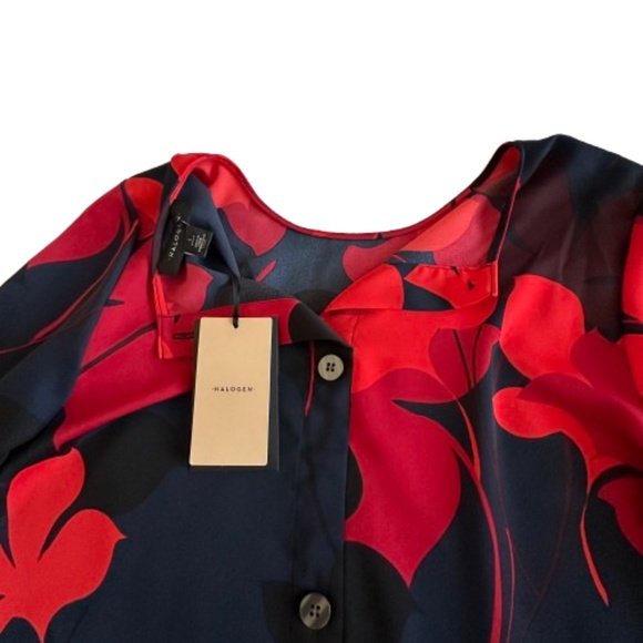 Halogen Women's L Petite Navy Red Floral Print Sleeved Round Neck Midi Dress - Picture 8 of 15